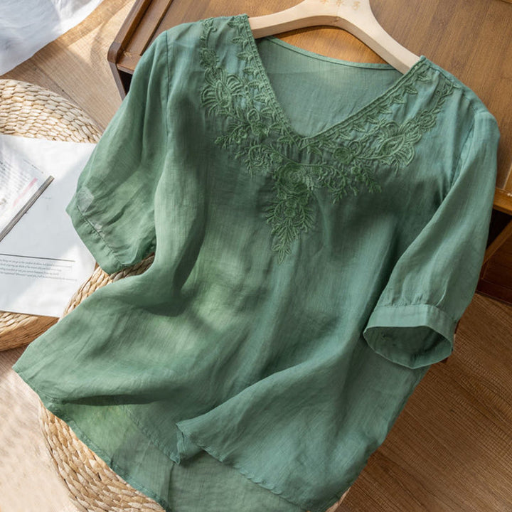 Chemise décontractée en coton à manches mi-longues et col en V pour femme avec broderie florale et Buddha Stones
