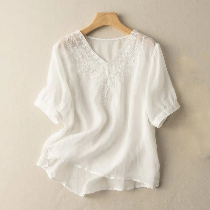 Chemise décontractée en coton à manches mi-longues et col en V pour femme avec broderie florale et Buddha Stones