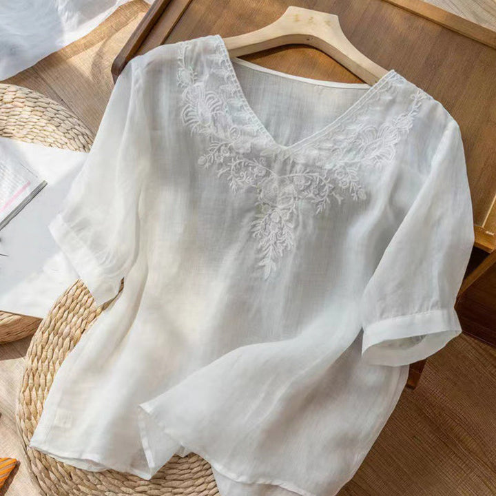 Chemise décontractée en coton à manches mi-longues et col en V pour femme avec broderie florale et Buddha Stones