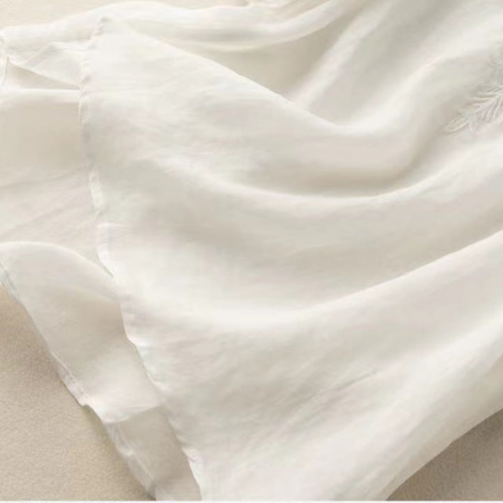 Chemise décontractée en coton à manches mi-longues et col en V pour femme avec broderie florale et Buddha Stones