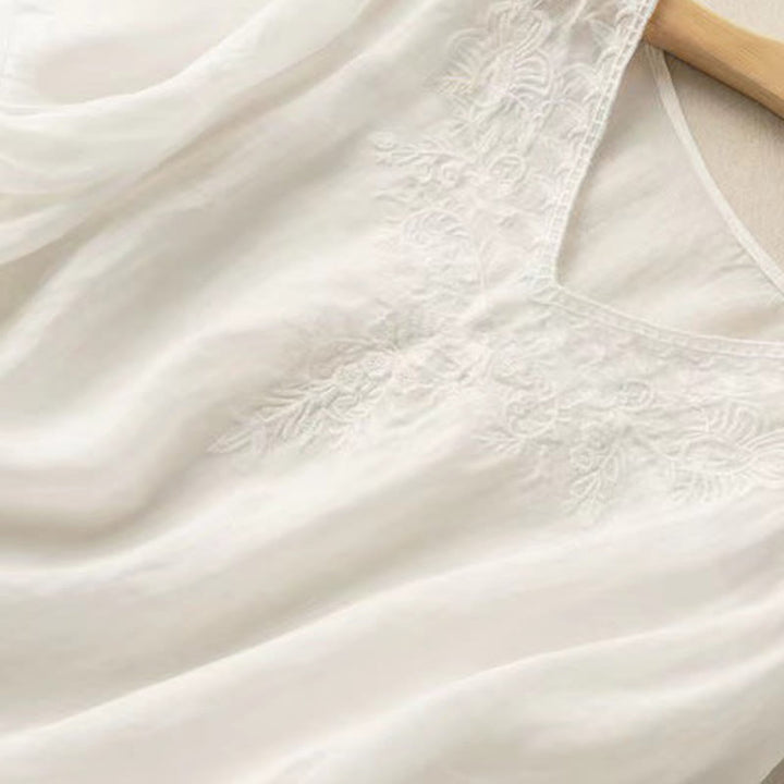 Chemise décontractée en coton à manches mi-longues et col en V pour femme avec broderie florale et Buddha Stones