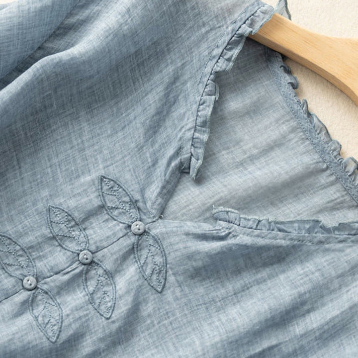 Chemise décontractée en coton à manches mi-longues et col en V pour femme avec broderie de feuilles et de Buddha Stones