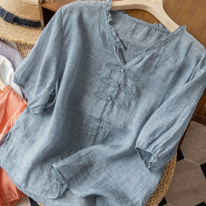 Chemise décontractée en coton à manches mi-longues et col en V pour femme avec broderie de feuilles et de Buddha Stones