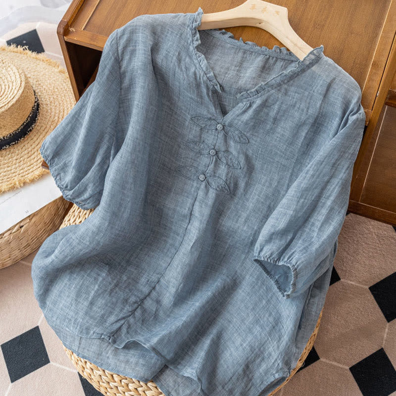Chemise décontractée en coton à manches mi-longues et col en V pour femme avec broderie de feuilles et de Buddha Stones