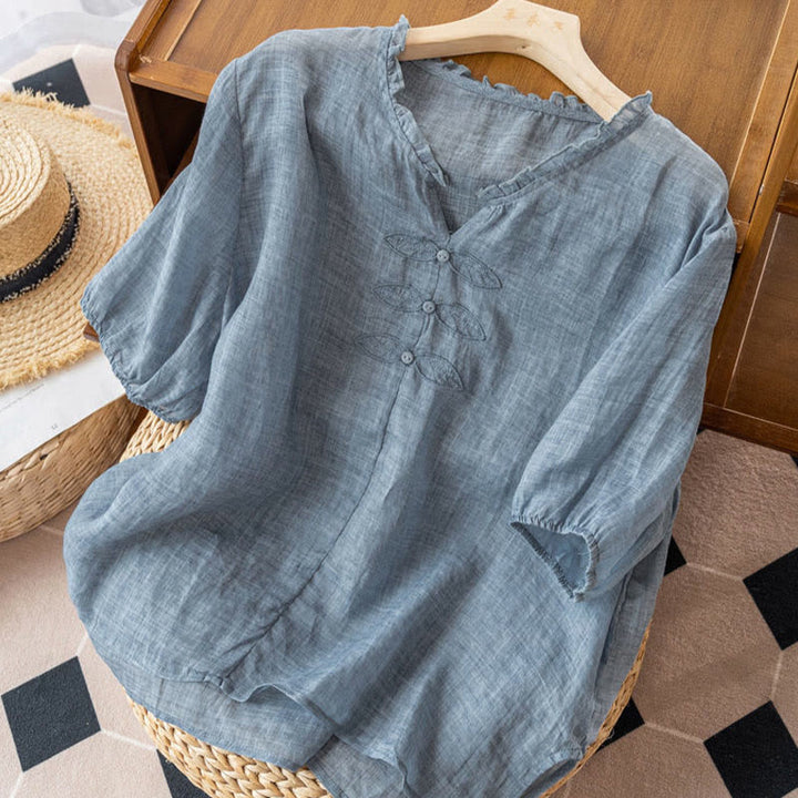 Chemise décontractée en coton à manches mi-longues et col en V pour femme avec broderie de feuilles et de Buddha Stones