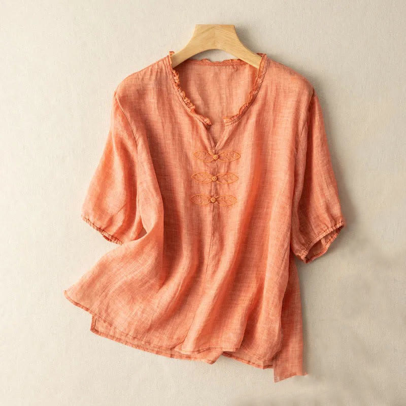 Chemise décontractée en coton à manches mi-longues et col en V pour femme avec broderie de feuilles et de Buddha Stones
