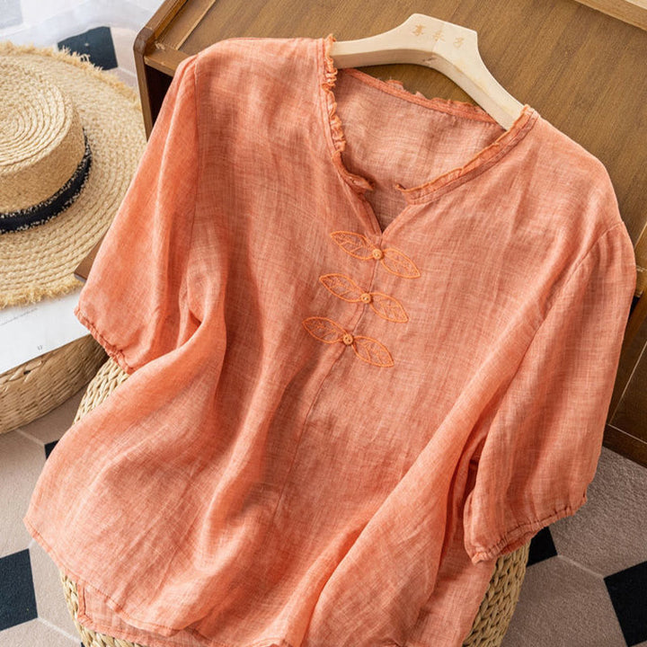 Chemise décontractée en coton à manches mi-longues et col en V pour femme avec broderie de feuilles et de Buddha Stones