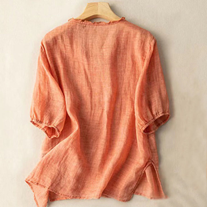 Chemise décontractée en coton à manches mi-longues et col en V pour femme avec broderie de feuilles et de Buddha Stones