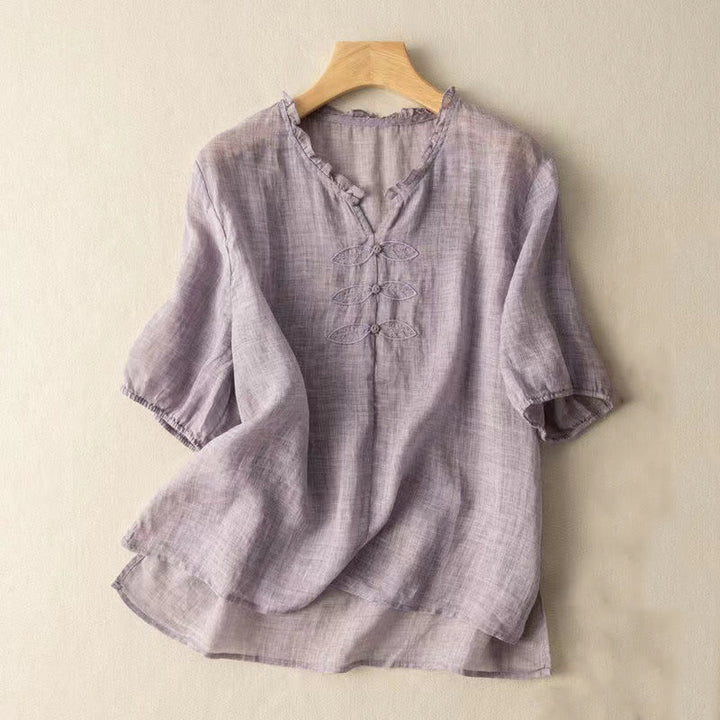 Chemise décontractée en coton à manches mi-longues et col en V pour femme avec broderie de feuilles et de Buddha Stones