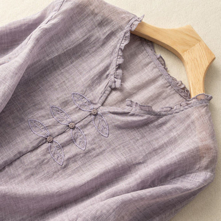 Chemise décontractée en coton à manches mi-longues et col en V pour femme avec broderie de feuilles et de Buddha Stones