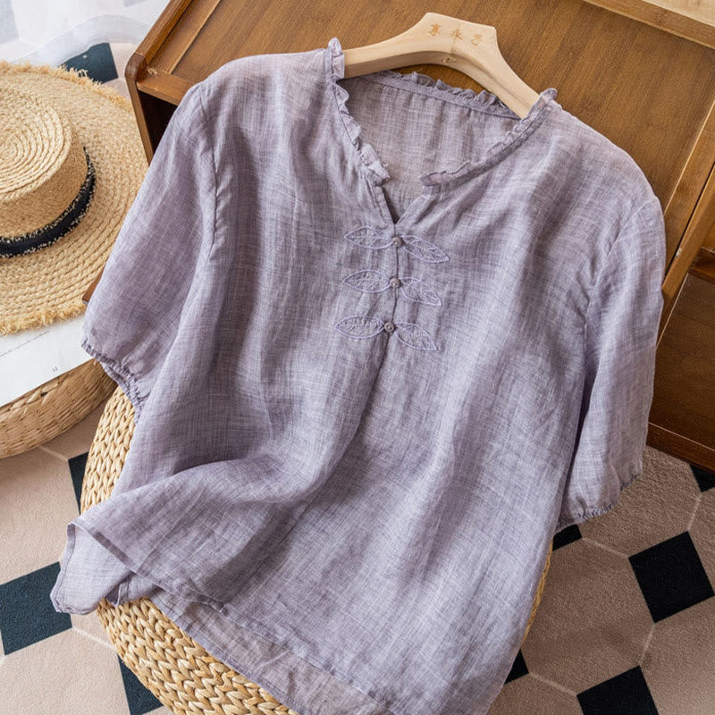 Chemise décontractée en coton à manches mi-longues et col en V pour femme avec broderie de feuilles et de Buddha Stones