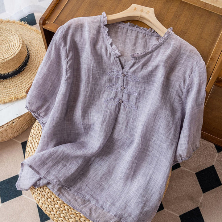 Chemise décontractée en coton à manches mi-longues et col en V pour femme avec broderie de feuilles et de Buddha Stones