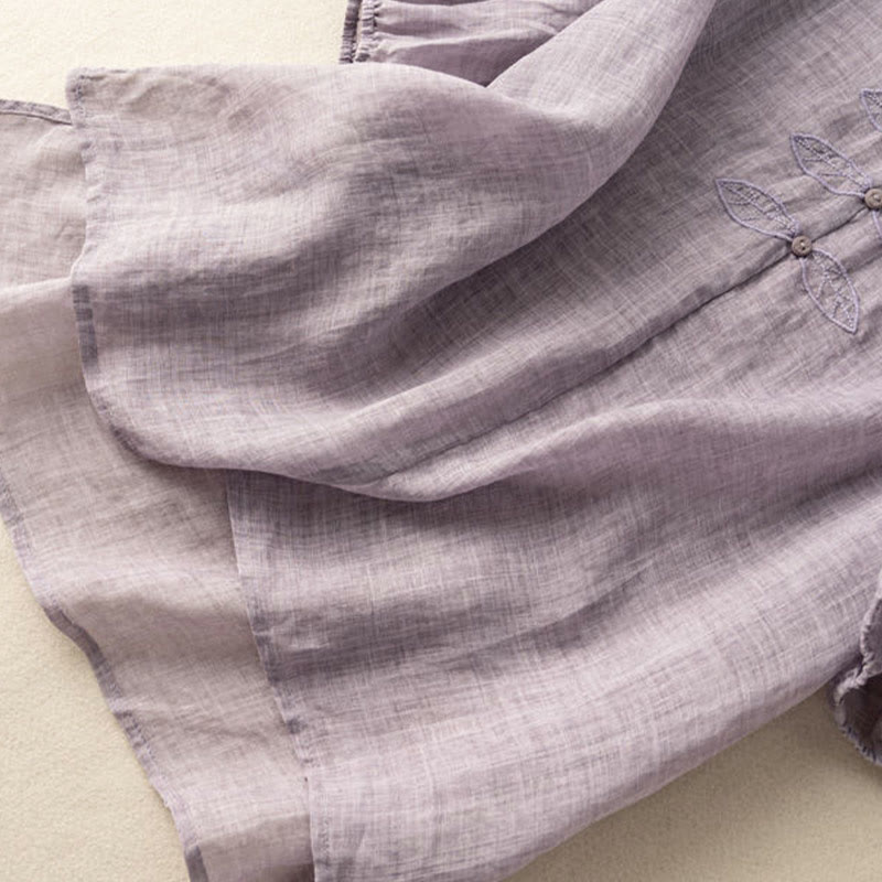 Chemise décontractée en coton à manches mi-longues et col en V pour femme avec broderie de feuilles et de Buddha Stones
