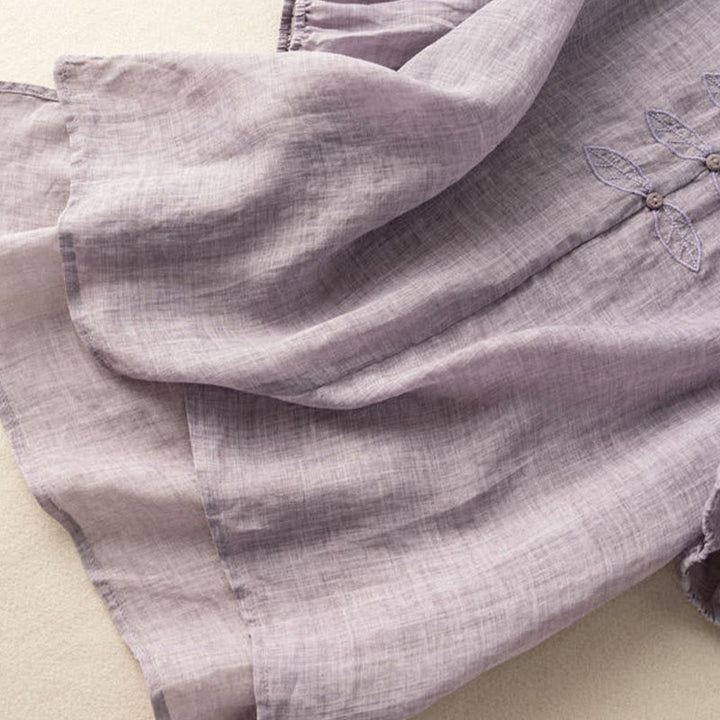 Chemise décontractée en coton à manches mi-longues et col en V pour femme avec broderie de feuilles et de Buddha Stones