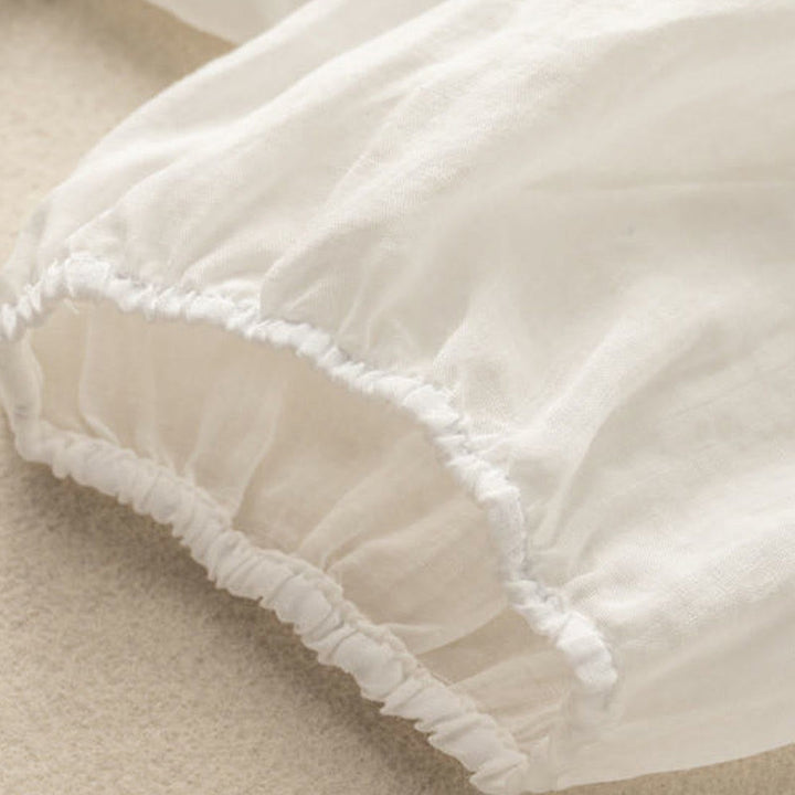Chemise décontractée en coton à manches mi-longues et col en V pour femme avec broderie de feuilles et de Buddha Stones