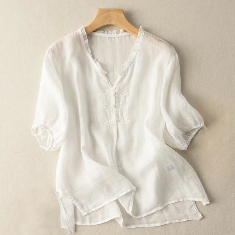 Chemise décontractée en coton à manches mi-longues et col en V pour femme avec broderie de feuilles et de Buddha Stones