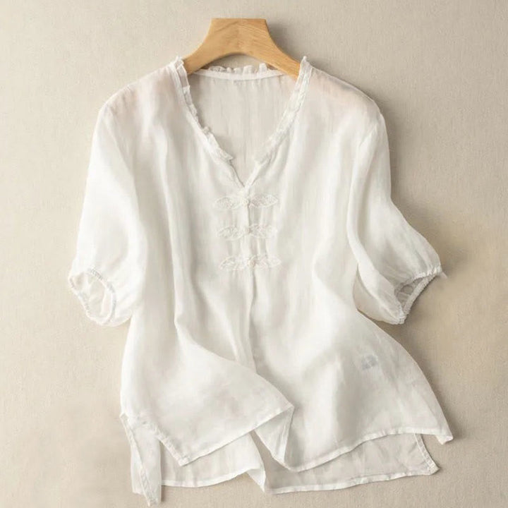 Chemise décontractée en coton à manches mi-longues et col en V pour femme avec broderie de feuilles et de Buddha Stones