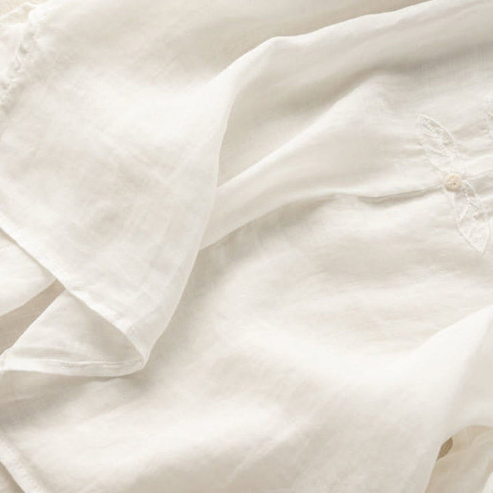 Chemise décontractée en coton à manches mi-longues et col en V pour femme avec broderie de feuilles et de Buddha Stones