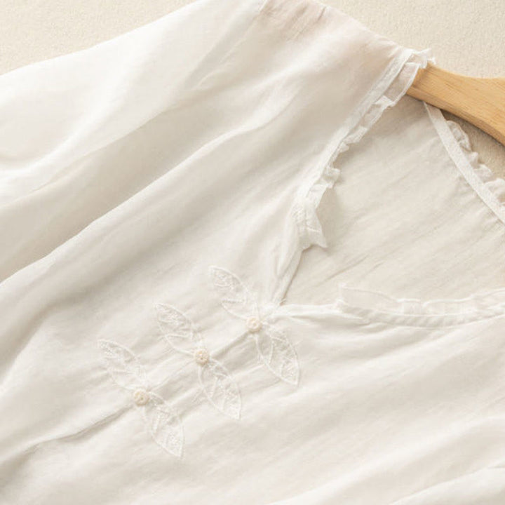 Chemise décontractée en coton à manches mi-longues et col en V pour femme avec broderie de feuilles et de Buddha Stones