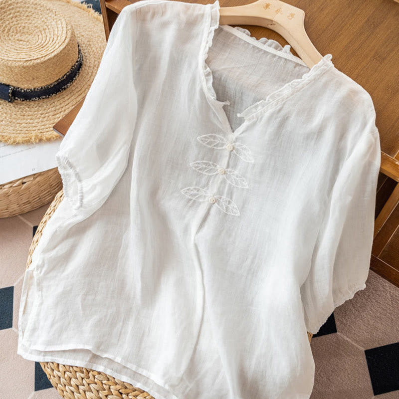 Chemise décontractée en coton à manches mi-longues et col en V pour femme avec broderie de feuilles et de Buddha Stones