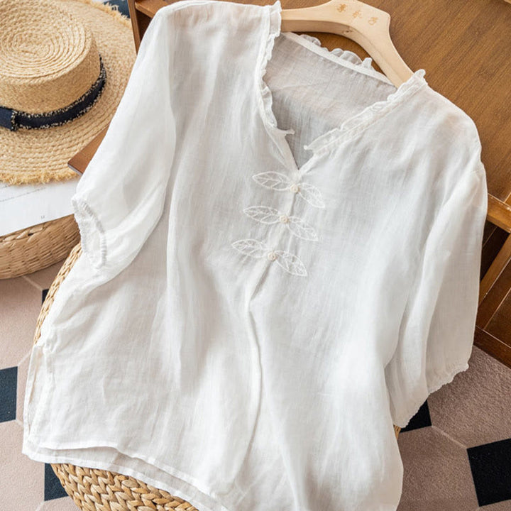 Chemise décontractée en coton à manches mi-longues et col en V pour femme avec broderie de feuilles et de Buddha Stones