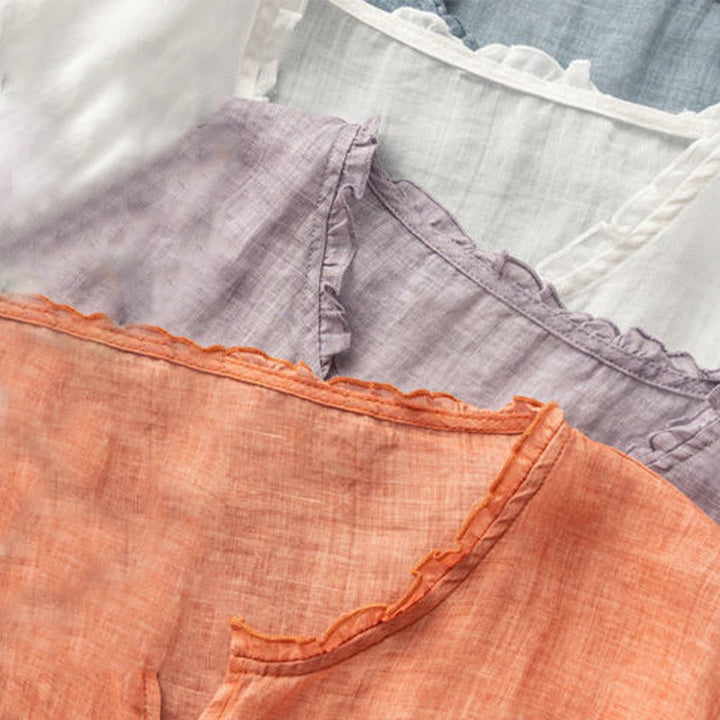 Chemise décontractée en coton à manches mi-longues et col en V pour femme avec broderie de feuilles et de Buddha Stones