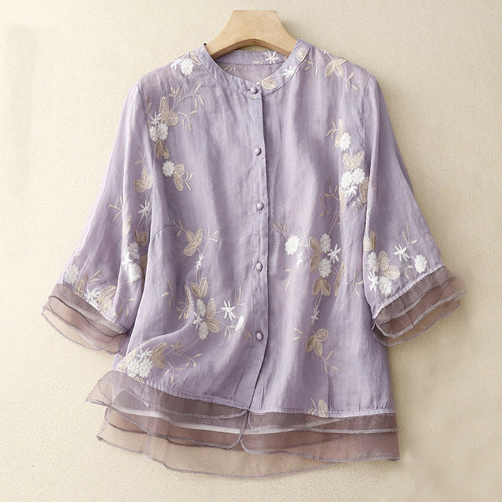 Chemise cardigan décontractée en coton à manches mi-longues et col ras du cou pour femme avec Buddha Stones brodés en organza