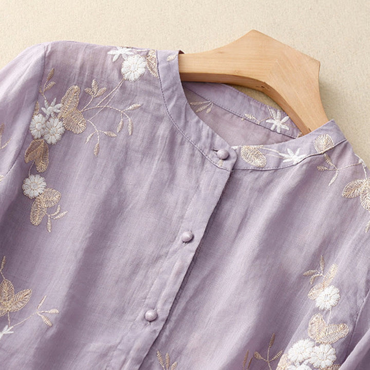Chemise cardigan décontractée en coton à manches mi-longues et col ras du cou pour femme avec Buddha Stones brodés en organza
