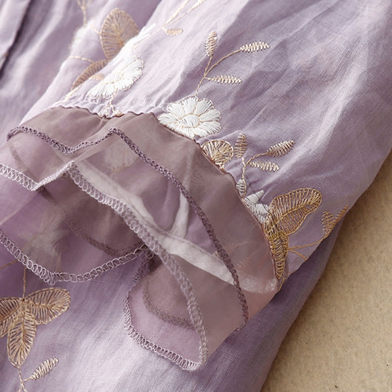 Chemise cardigan décontractée en coton à manches mi-longues et col ras du cou pour femme avec Buddha Stones brodés en organza