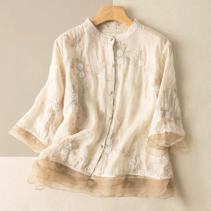 Chemise cardigan décontractée en coton à manches mi-longues et col ras du cou pour femme avec Buddha Stones brodés en organza