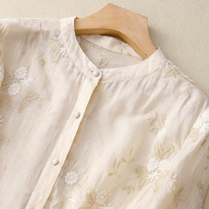 Chemise cardigan décontractée en coton à manches mi-longues et col ras du cou pour femme avec Buddha Stones brodés en organza