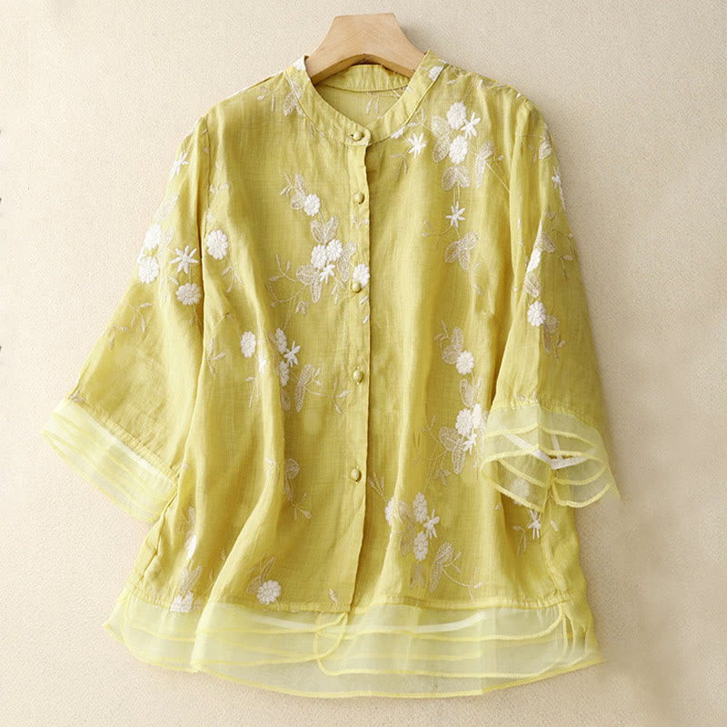 Chemise cardigan décontractée en coton à manches mi-longues et col ras du cou pour femme avec Buddha Stones brodés en organza