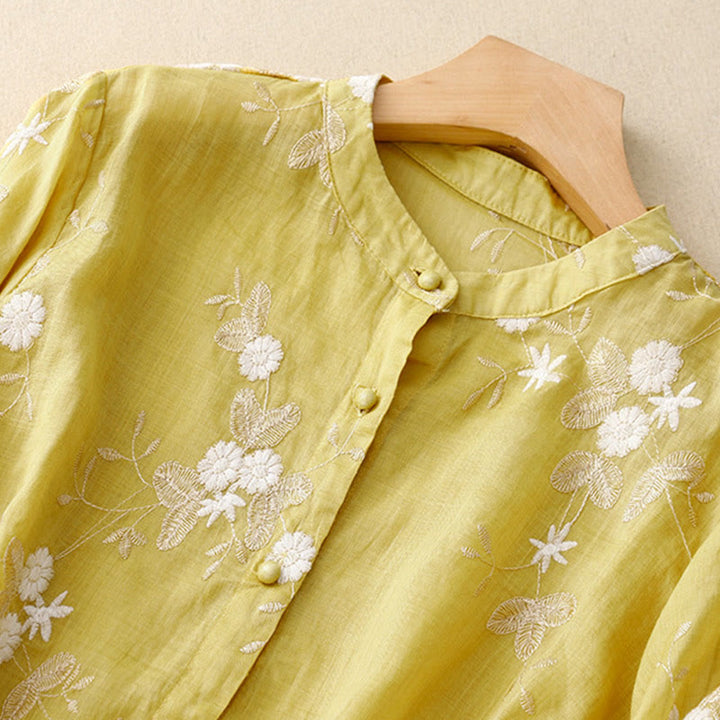 Chemise cardigan décontractée en coton à manches mi-longues et col ras du cou pour femme avec Buddha Stones brodés en organza