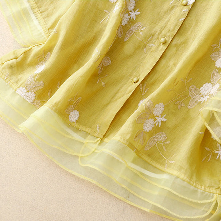 Chemise cardigan décontractée en coton à manches mi-longues et col ras du cou pour femme avec Buddha Stones brodés en organza - image 12