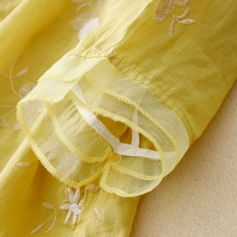 Chemise cardigan décontractée en coton à manches mi-longues et col ras du cou pour femme avec Buddha Stones brodés en organza