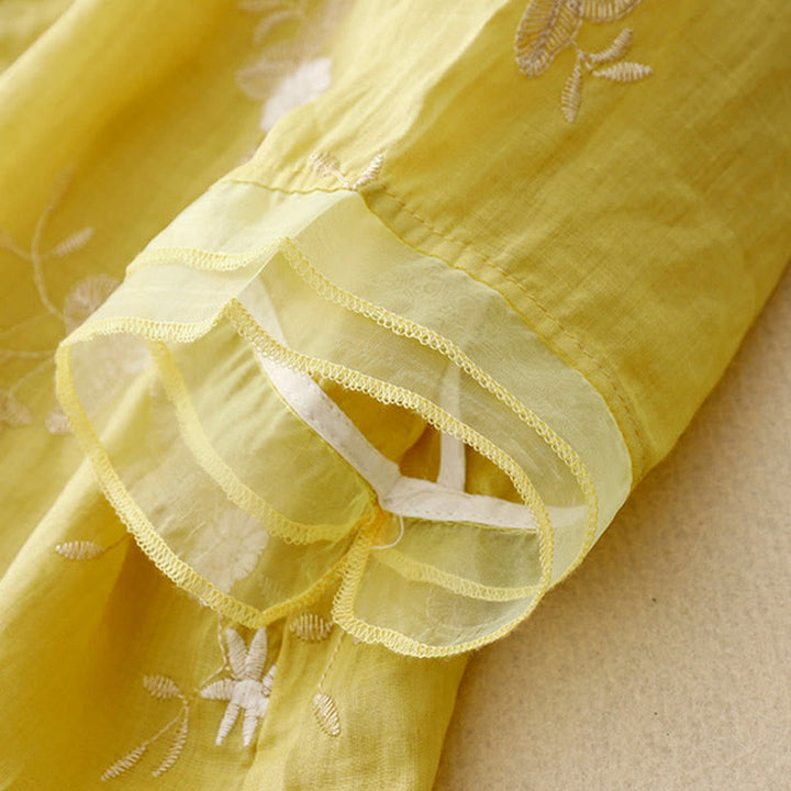 Chemise cardigan décontractée en coton à manches mi-longues et col ras du cou pour femme avec Buddha Stones brodés en organza