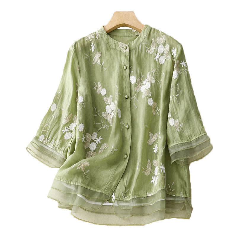 Chemise cardigan décontractée en coton à manches mi-longues et col ras du cou pour femme avec Buddha Stones brodés en organza