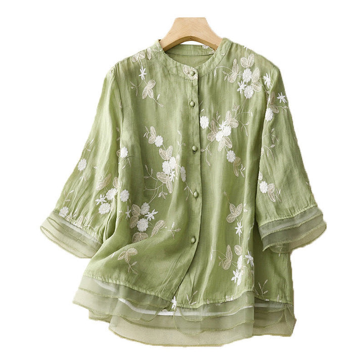 Chemise cardigan décontractée en coton à manches mi-longues et col ras du cou pour femme avec Buddha Stones brodés en organza