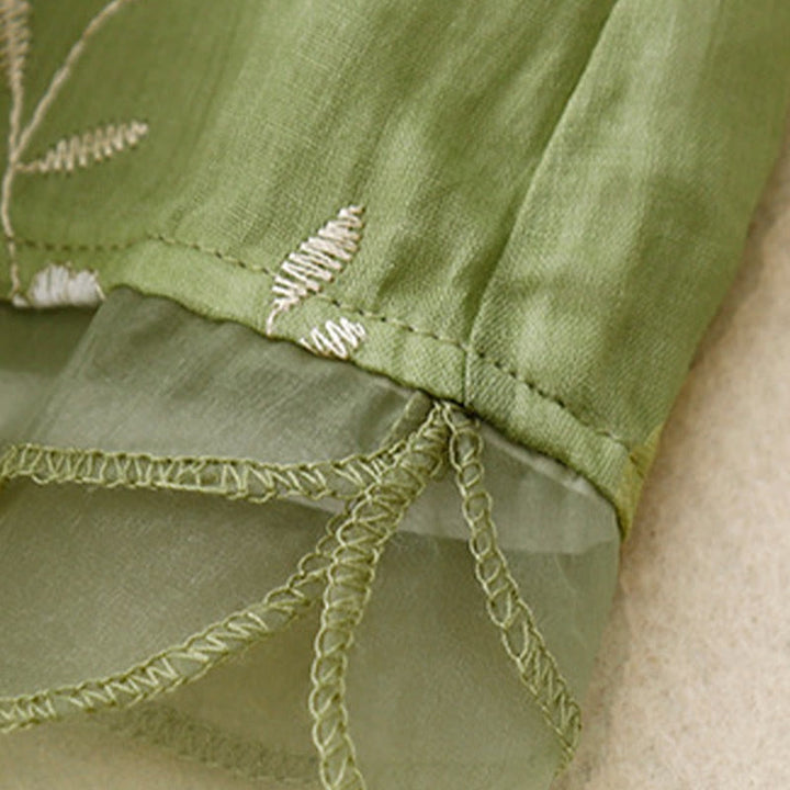 Chemise cardigan décontractée en coton à manches mi-longues et col ras du cou pour femme avec Buddha Stones brodés en organza