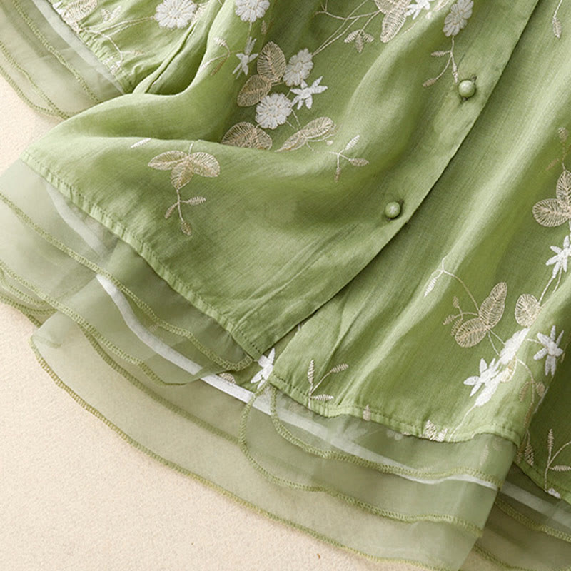Chemise cardigan décontractée en coton à manches mi-longues et col ras du cou pour femme avec Buddha Stones brodés en organza
