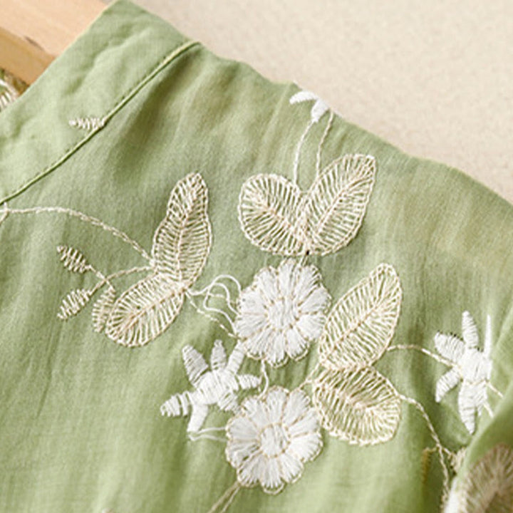 Chemise cardigan décontractée en coton à manches mi-longues et col ras du cou pour femme avec Buddha Stones brodés en organza