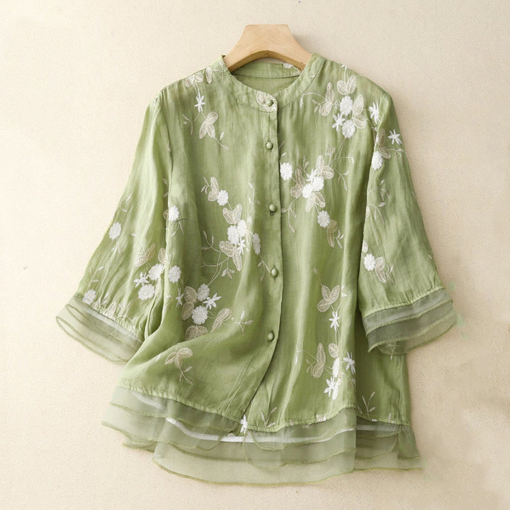Chemise cardigan décontractée en coton à manches mi-longues et col ras du cou pour femme avec Buddha Stones brodés en organza
