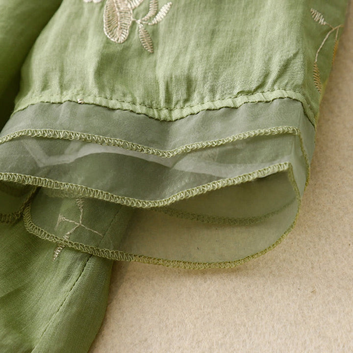 Chemise cardigan décontractée en coton à manches mi-longues et col ras du cou pour femme avec Buddha Stones brodés en organza