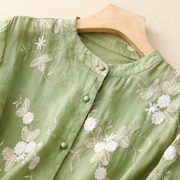 Chemise cardigan décontractée en coton à manches mi-longues et col ras du cou pour femme avec Buddha Stones brodés en organza