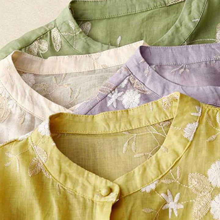 Chemise cardigan décontractée en coton à manches mi-longues et col ras du cou pour femme avec Buddha Stones brodés en organza