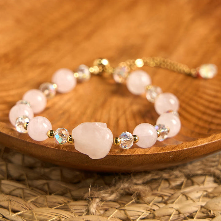 Bracelet de guérison en cristal de quartz rose Buddha Stones avec chaîne et lapin