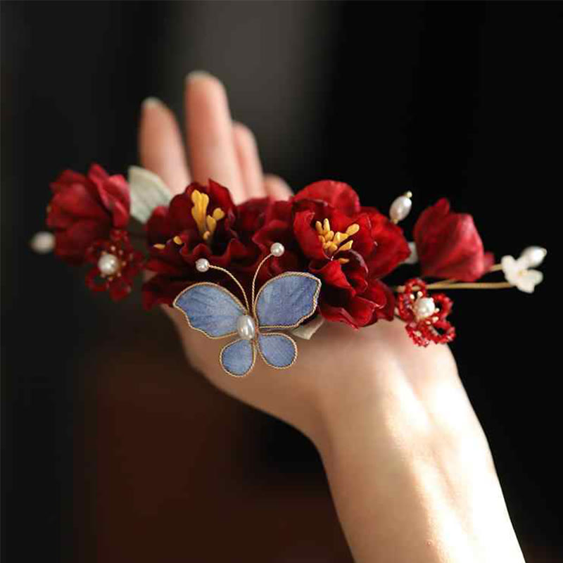 Pince à cheveux papillon fleur rouge avec Buddha Stones pour mariage chinois