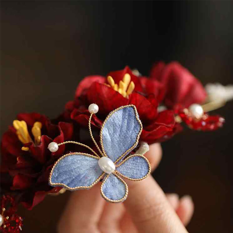 Pince à cheveux papillon fleur rouge avec Buddha Stones pour mariage chinois