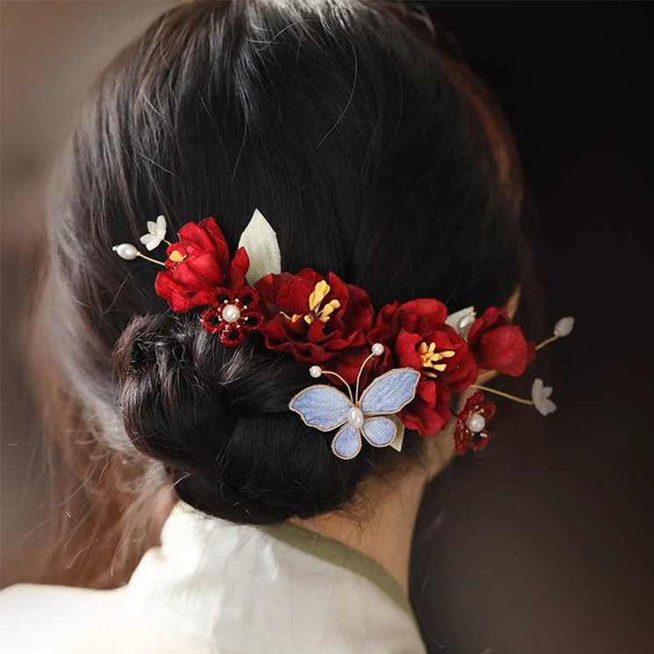 Pince à cheveux papillon fleur rouge avec Buddha Stones pour mariage chinois