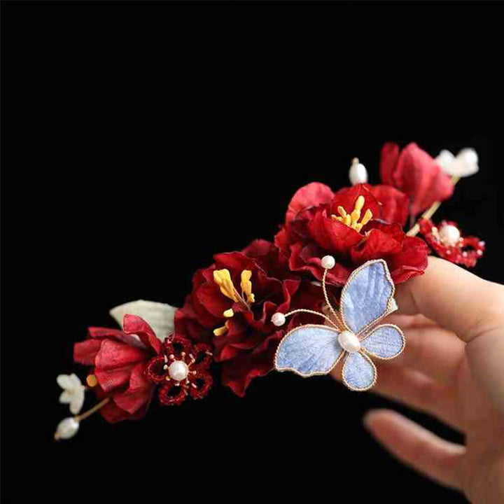 Pince à cheveux papillon fleur rouge avec Buddha Stones pour mariage chinois